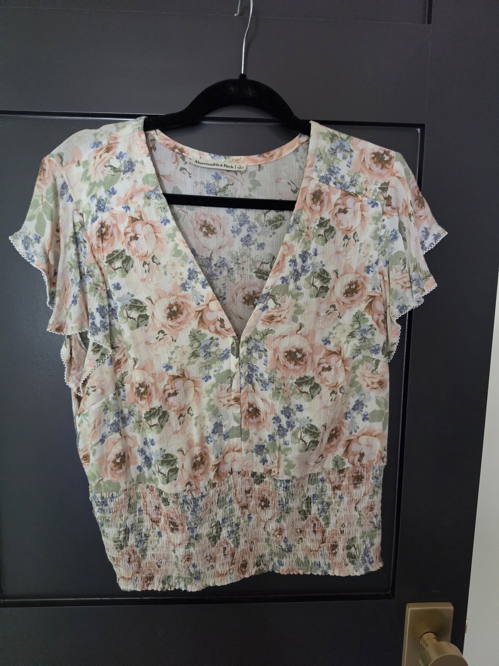 Abercrombie & Fitch Peach Floral V-Neck Ruffle Sleeve Top